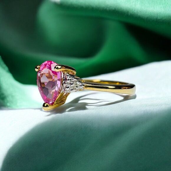 VINTAGE -10K Gold- Pink Sapphire & Diamond Ring -Size 7 Pear Cut Solitaire -2.1g - Picture 3 of 16